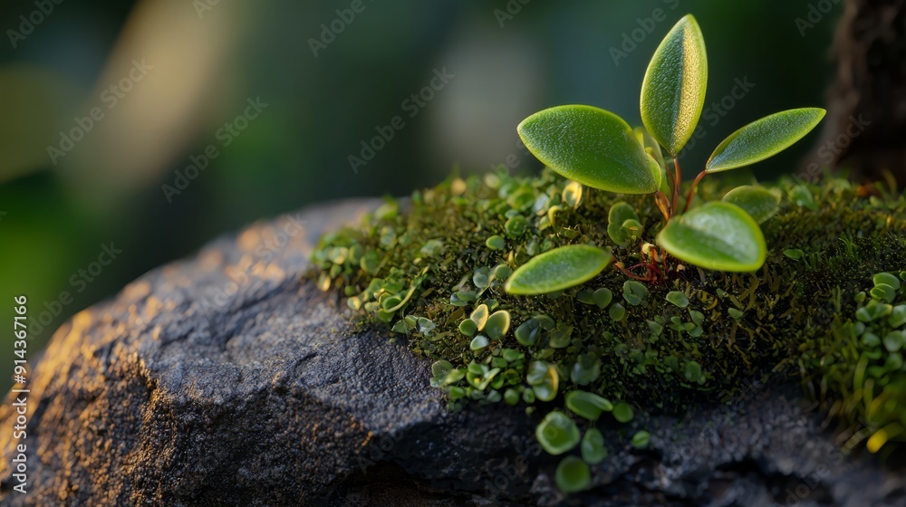 A tight shot of a tiny plant rooted on a rock, sporting moss atop Background includes a towering tree A tight shot of a tiny plant rooted on a rock, sporting moss atop Background includes a towering tree