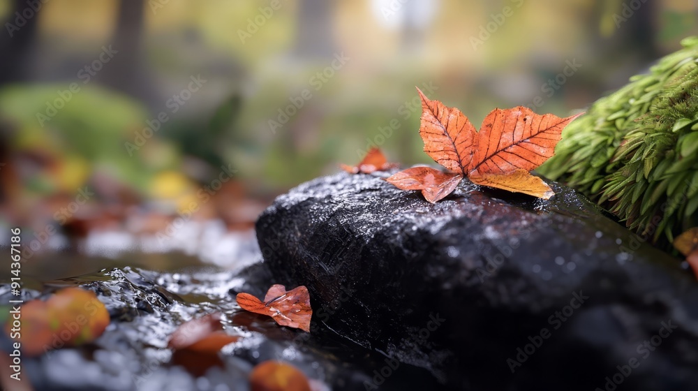 A tight shot of a submerged leaf atop a rock in a cascading water stream, surrounded by additional leaves A tight shot of a submerged leaf atop a rock in a cascading water stream, surrounded by additional leaves