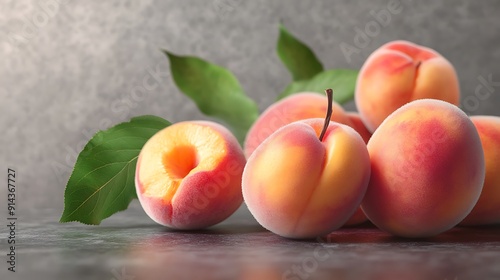 Close-up of Ripe Peaches with Green Leaves on Gray Background