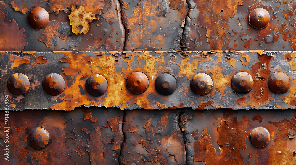Close-up of weathered rusty metal surface with rivets. Close-up of weathered rusty metal surface with rivets.