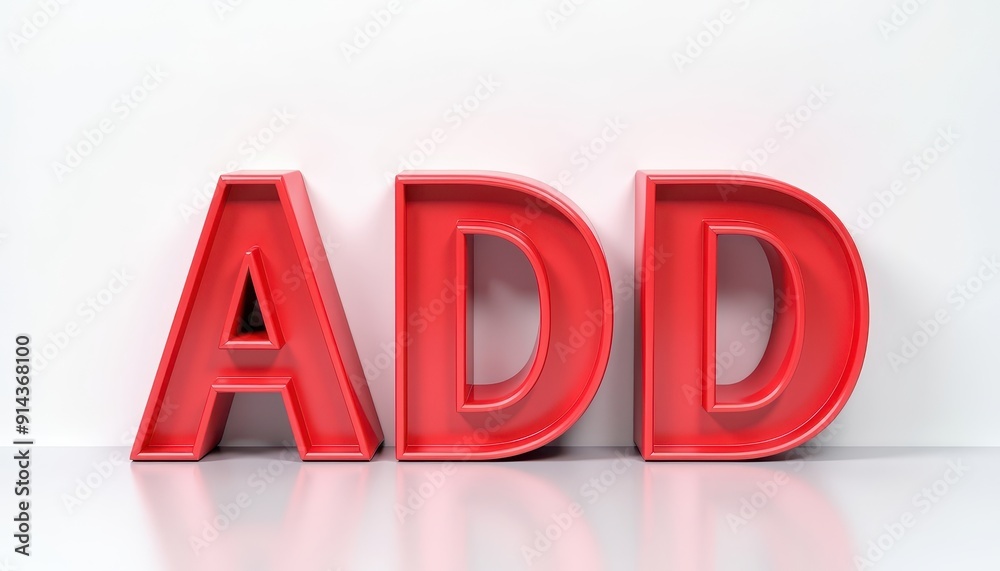 Red 3D letters forming the word 'ADD' on a white background. Red 3D letters forming the word 'ADD' on a white background.