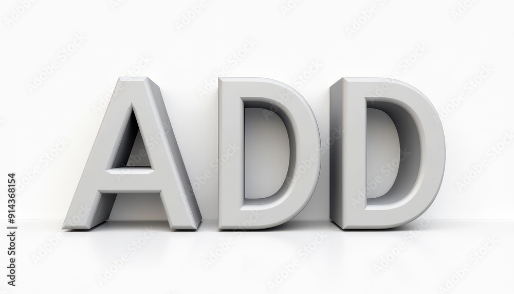 3D letters 'ADD' in gray on a white background. 3D letters 'ADD' in gray on a white background.