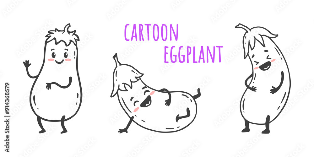 Fototapeta premium set of Cartoon eggplant. Cute character vegetable isolated on white background. Doodle style. Food illustration