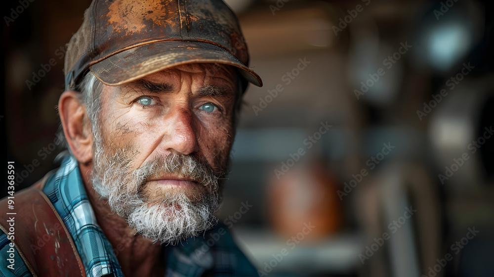 Close-up portrait of a weathered, blue-eyed man with a beard, wearing a brown baseball cap and a plaid shirt. Close-up portrait of a weathered, blue-eyed man with a beard, wearing a brown baseball cap and a plaid shirt.