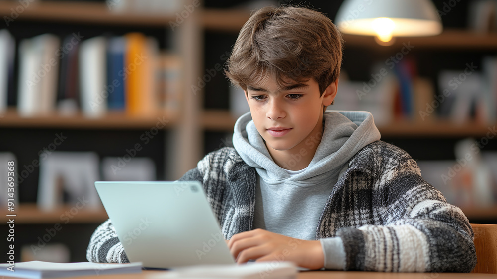 A portrait of a young boy deeply focused on his studies, using a laptop in a library setting. For male students, study, and educational contents. A portrait of a young boy deeply focused on his studies, using a laptop in a library setting. For male students, study, and educational contents.