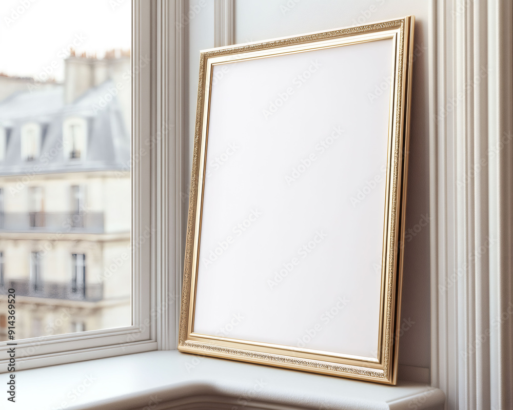 Elegant golden frame mockup near a view of an cityscape. Elegant golden frame mockup near a view of an cityscape.