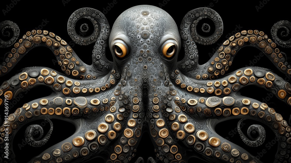 A close-up of an octopus with large, watchful eyes. Its tentacles are covered in suckers, and it is set against a dark background. A close-up of an octopus with large, watchful eyes. Its tentacles are covered in suckers, and it is set against a dark background.