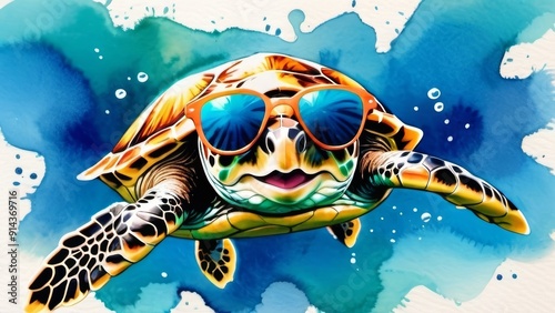 Watercolor illustration of a sea turtle wearing sunglasses, showcasing a vibrant oceanic scene and playful marine life.
