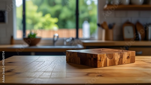 Selective focus. End grain wood counter top with cutting board on blur kitchen in morning window background. For montage product display or design key visual. Generative AI 