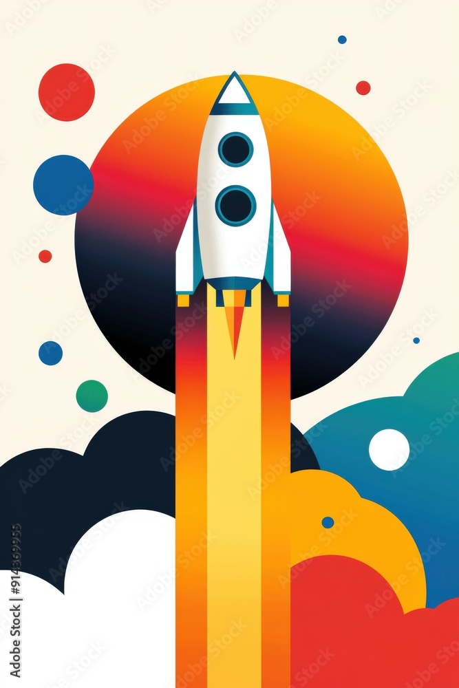 Fototapeta premium Vibrant rocket launch against a colorful cosmic background