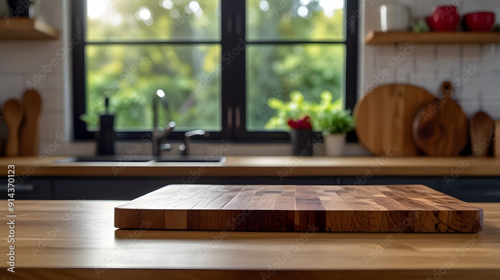 Selective focus. End grain wood counter top with cutting board on blur kitchen in morning window background. For montage product display or design key visual. Generative AI Selective focus. End grain wood counter top with cutting board on blur kitchen in morning window background. For montage product display or design key visual. Generative AI