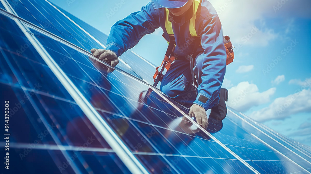 Engineer or worker work installing solar cells on solar roof panel. Engineer or worker work installing solar cells on solar roof panel.