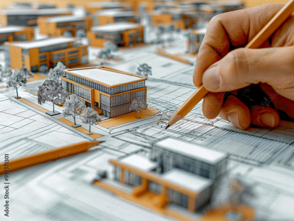 A hand is drawing a cityscape with a pencil on a piece of paper. The buildings are small and the trees are sparse