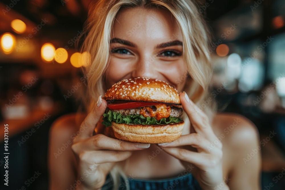 A blonde woman is happily savoring a tasty burger in a lively eatery A blonde woman is happily savoring a tasty burger in a lively eatery