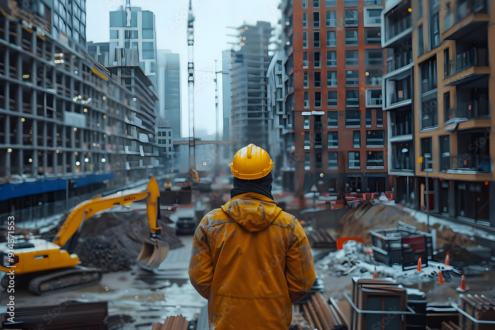 Construction worker in yellow jacket standing in front of a city building site. Construction worker in yellow jacket standing in front of a city building site.
