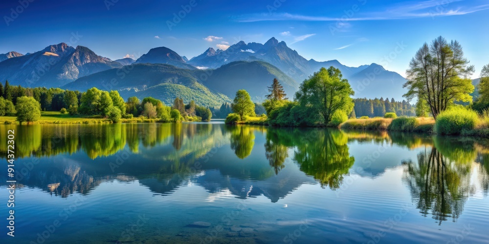 Scenic landscape with a serene lake, reflective water, lush greenery, and majestic mountains in the background, scenic