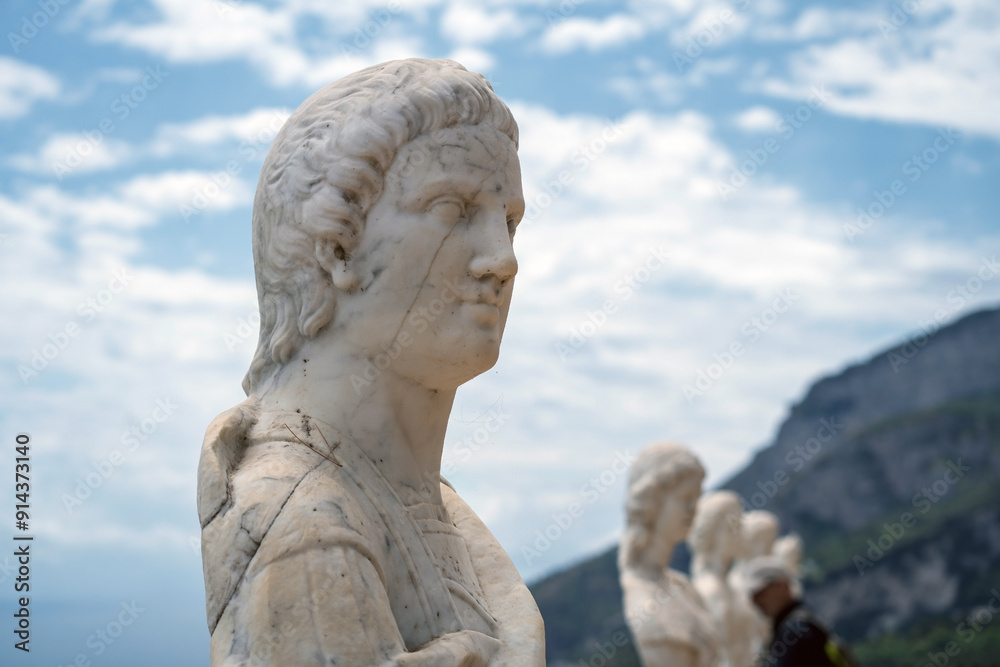 Ancient Marble Sculptures Outdoor Display With Mountain Background, Gardens of Villa Cimbrone villa in ravello, Italy, Europe