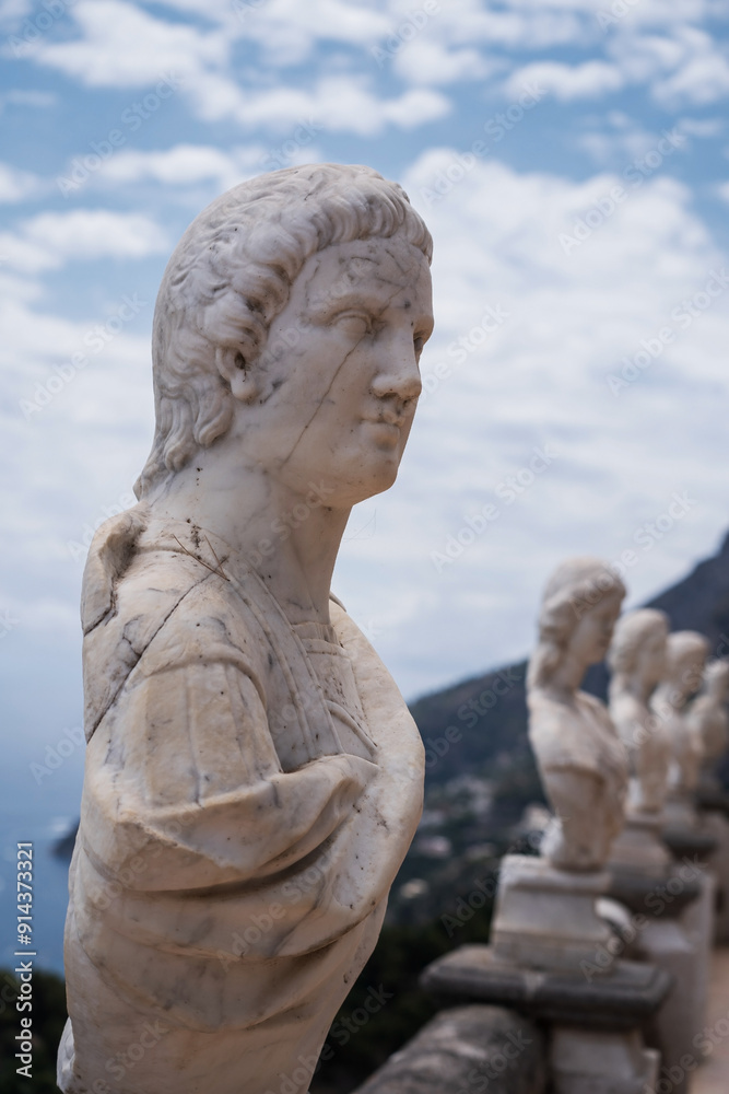 Ancient Marble Busts with Scenic Background, Terrace of Infinity, Gardens of Villa Cimbrone villa in ravello, Italy, Europe