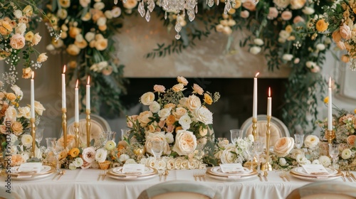 Luxurious wedding breakfast table arrangement with gold accents and floral garlands