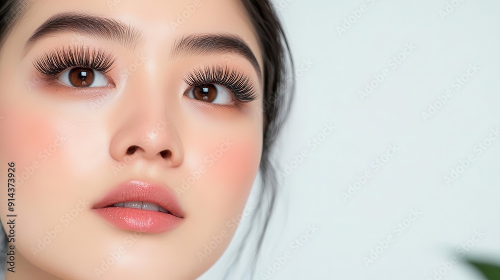Fototapeta premium Close-up of a young woman's face showcasing flawless makeup and beautiful lashes against a soft, neutral background.