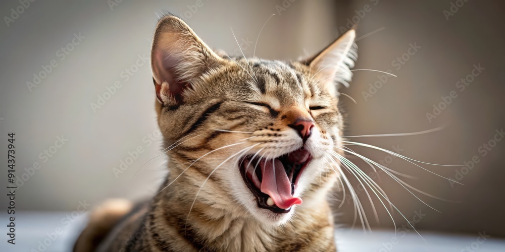 Naklejka premium Close-up of a sleepy cat yawning, cat, feline, pet, domestic animal, sleepy, tired, yawn, adorable, cute, whiskers, relaxation, nap