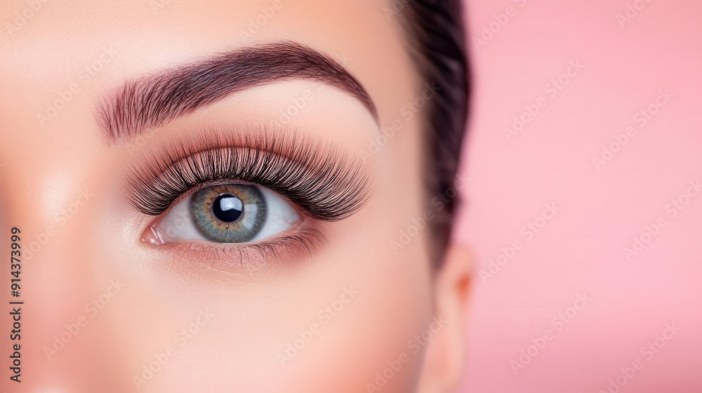 Close-up of a beautiful eye showcasing long eyelashes and vibrant iris against a soft pink background. Close-up of a beautiful eye showcasing long eyelashes and vibrant iris against a soft pink background.