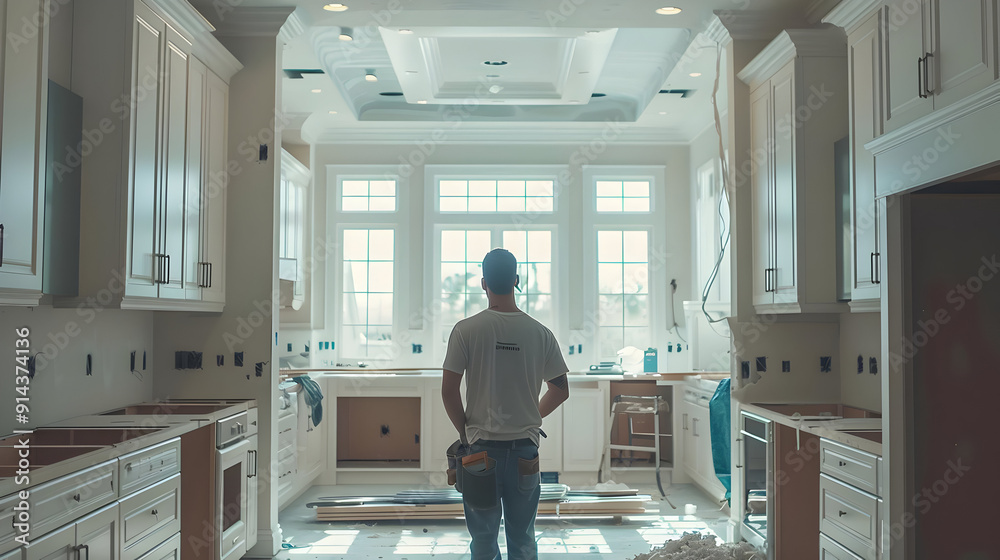 Contractor in unfinished kitchen. Contractor in unfinished kitchen.