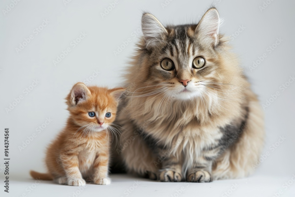 photograph of A large fluffy cat with big eyes sits next to a small orange kitten. Mother cat and little kittens on a white background photograph of A large fluffy cat with big eyes sits next to a small orange kitten. Mother cat and little kittens on a white background