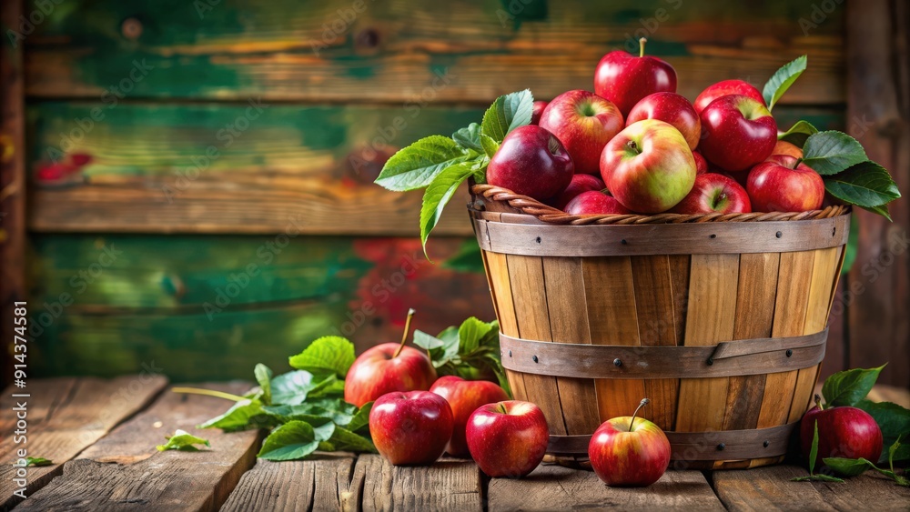 Rustic red apple basket overflowing with farm fresh bounty , harvest, organic, agriculture, produce, orchard, rustic, country Rustic red apple basket overflowing with farm fresh bounty , harvest, organic, agriculture, produce, orchard, rustic, country