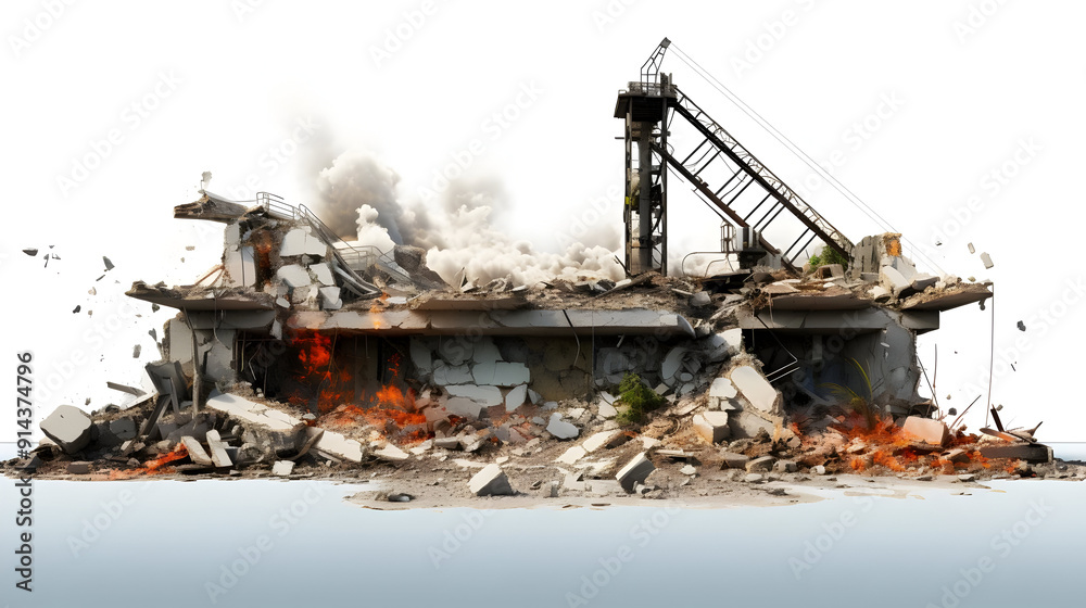 Demolition of a building with smoke and debris. Demolition of a building with smoke and debris.