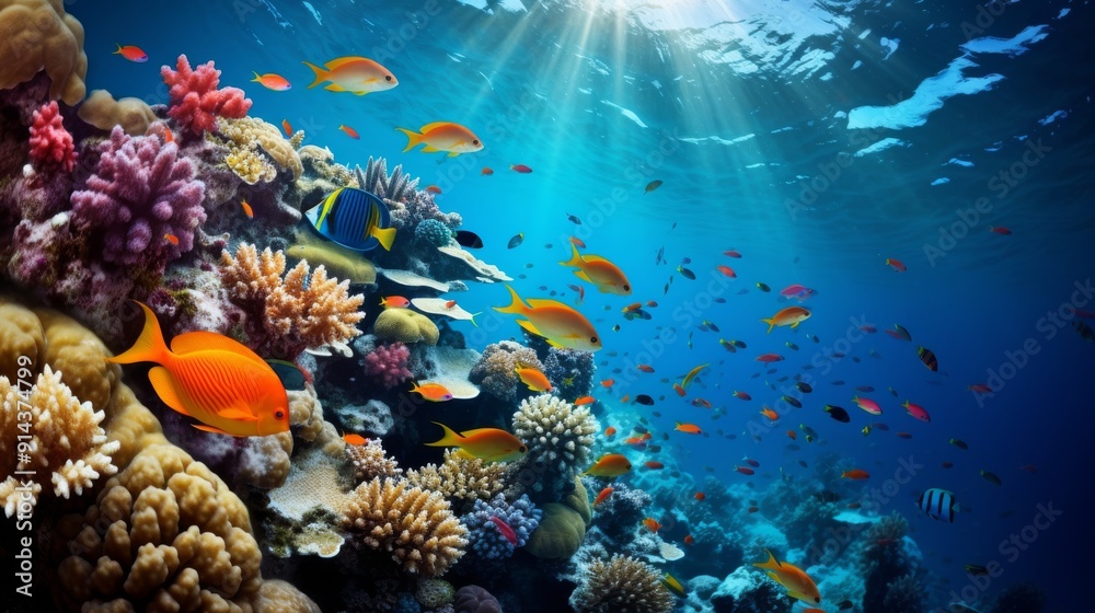 Naklejka premium Photograph of a vibrant coral reef teeming with colorful fish