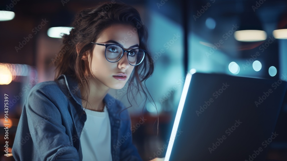 Photograph of a young woman wearing stylish glasses, engrossed in her work, coding on her laptop in her modern studio Photograph of a young woman wearing stylish glasses, engrossed in her work, coding on her laptop in her modern studio