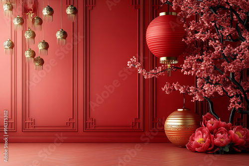 Classic Chinese new year background. Hanging silk lanterns and spring blooming branches on red background