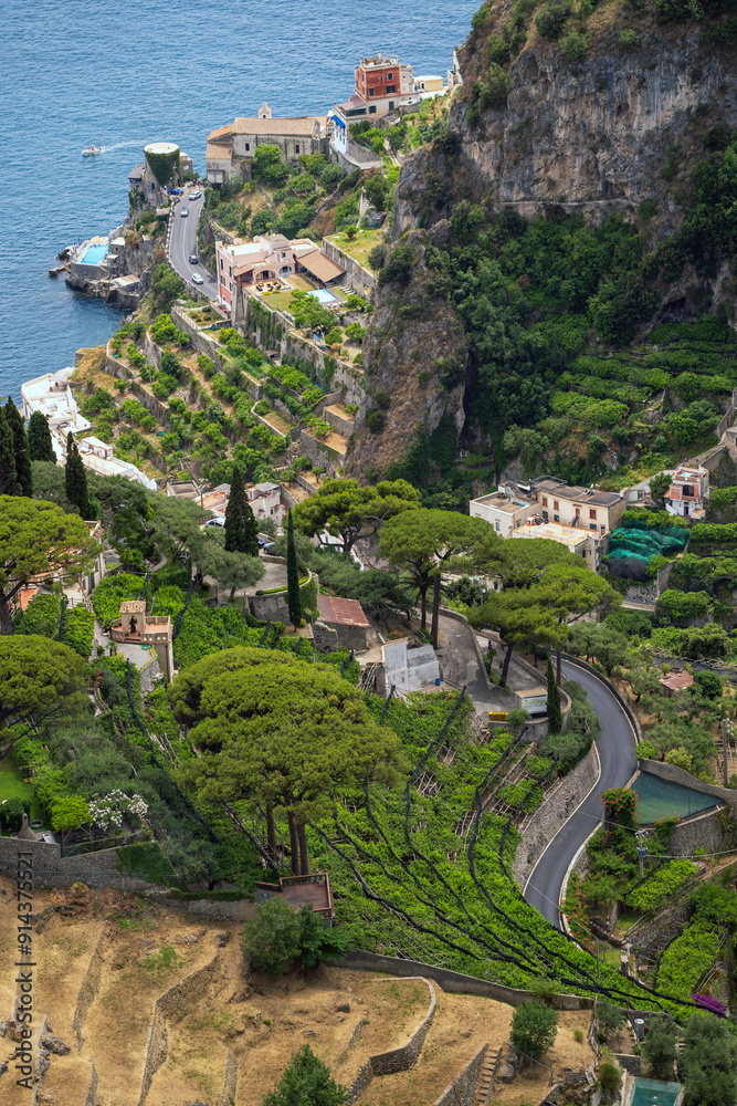 Scenic Coastal View of Amalfi Coast Village and Vineyards