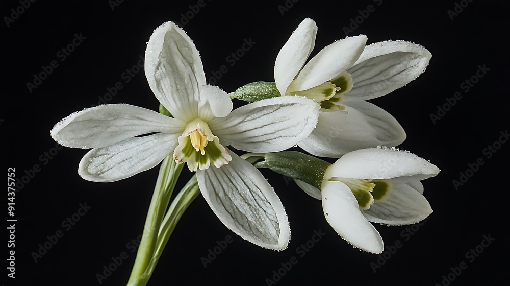 Obraz premium Three Snowdrop Flowers with Dew Drops