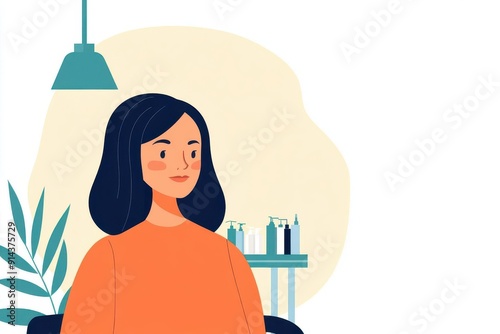 A woman with dark hair smiling, seated in a bright, modern salon, surrounded by tools and plants, evoking a friendly atmosphere.