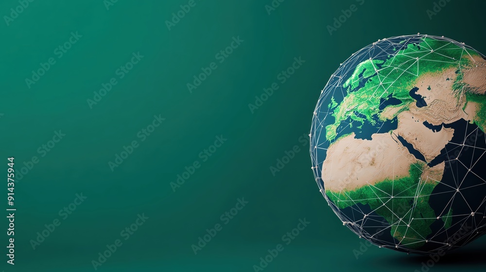 Fototapeta premium A detailed digital representation of the Earth highlighting continents with a network design on a gradient green background.