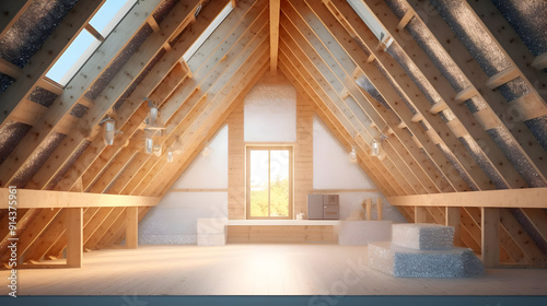 Empty attic space with wood beams and a window.