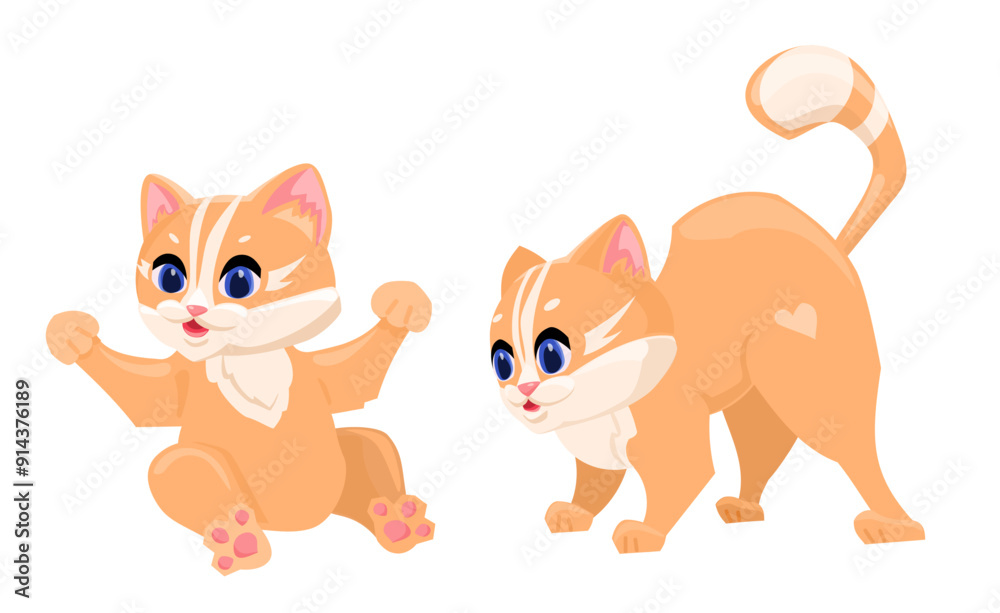 Red cat playing with a ball of thread in different poses. Vector cartoon flat illustration. different cat character on white background. Red cat playing with a ball of thread in different poses. Vector cartoon flat illustration. different cat character on white background.
