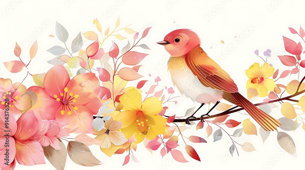 A whimsical bird perched on a branch of colorful flowers, with soft petals and delicate leaves in shades of pink and yellow A whimsical bird perched on a branch of colorful flowers, with soft petals and delicate leaves in shades of pink and yellow