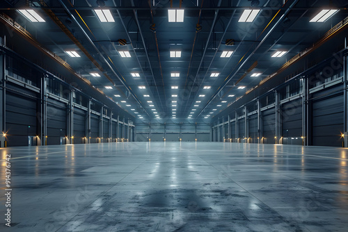 Empty industrial warehouse with large bay doors and overhead lighting.