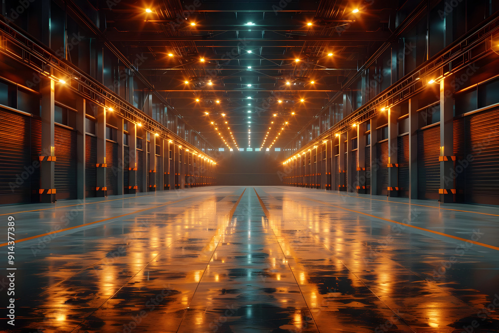 Empty warehouse with rows of closed garage doors, lit by warm, overhead lights.