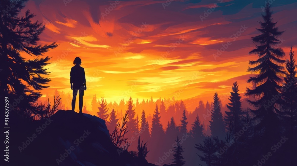 Obraz premium Solitary Explorer Gazing at Vibrant Sunset in Forest Wilderness