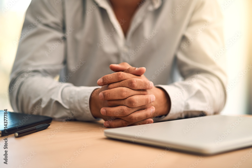 Obraz premium Businessman, hands and waiting with laptop for meeting or interview in anticipation at office desk. Closeup of male person or employer in patience for career, business or job opportunity at workplace
