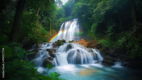 Majestic Waterfall Oasis with Rainbow in Lush Forest