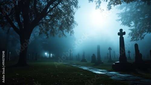 Eerie fog rolling through a cemetery at night.