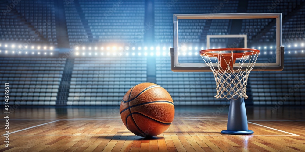 Basketball hoop with basketball ball hanging on a court, sports, recreation, activity, game, competition, scoring, net Basketball hoop with basketball ball hanging on a court, sports, recreation, activity, game, competition, scoring, net