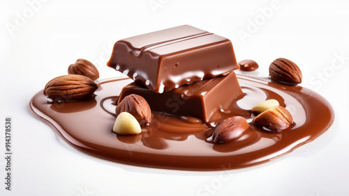 Small pieces of solid chocolate floating on big spot of melted chocolate photo