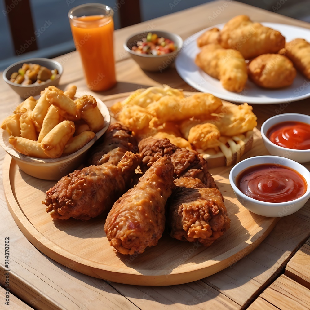 Fast food snacks and drink on table, chicken French fries. radiational American food. fast food, food bad for figure, skin, heart and teeth. Fast food snacks and drink on table, chicken French fries. radiational American food. fast food, food bad for figure, skin, heart and teeth.