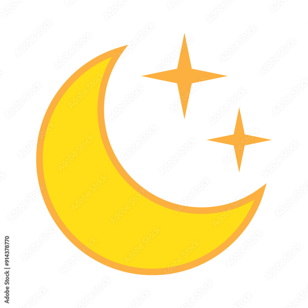 Yellow crescent moon with stars icon on white background. Night icon. Crescent moon icon. Minimalist style. Yellow crescent moon with stars icon on white background. Night icon. Crescent moon icon. Minimalist style.